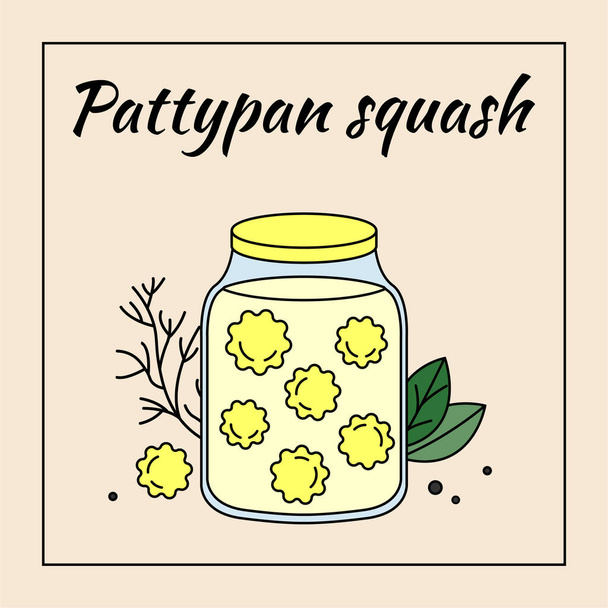 Pickled pattypan squash in glass jar, vector illustration - Vector, Image