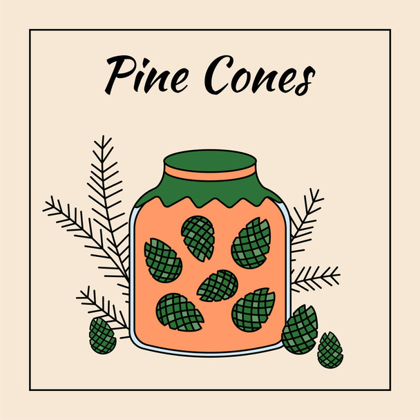 Pine cones jam in glass jar, vector illustration composition - Vektör, Görsel