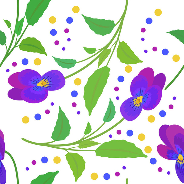 パンジーの花と多色の円のパターン。紫色の春の花 - ベクター画像