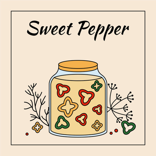 Pickled sweet pepper in glass jar, vector illustration - Vector, Image