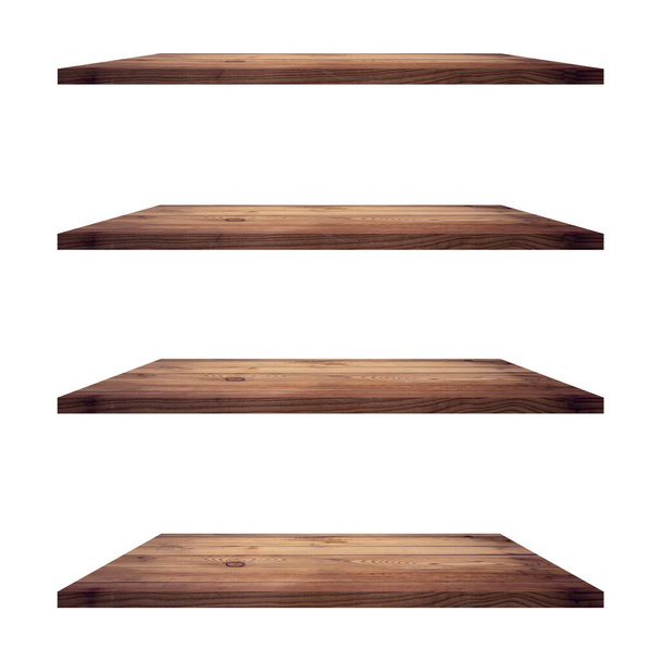 4 Dřevěné police stůl izolované na bílém pozadí a zobrazení montáž pro produkt. - Fotografie, Obrázek