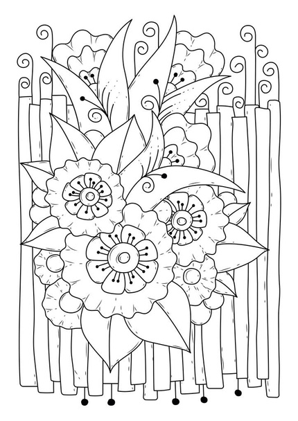 Página para colorear libro para niños y adultos. Ilustración en blanco y negro para colorear. Fondo floral. - Foto, imagen