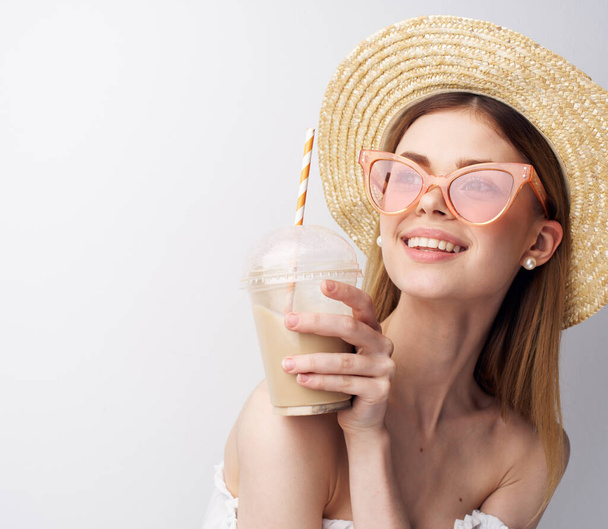 Pretty emotional woman in glass hat with pink glasses luxury Studio drink - Photo, Image