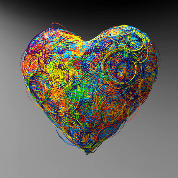 3d render. Abstract heart with assorted colored lines - Fotoğraf, Görsel