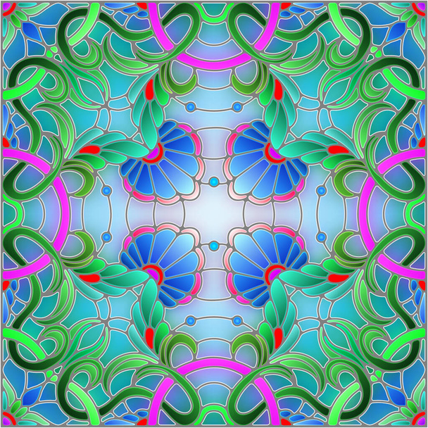 Ілюстрація у вітражному стилі з абстрактним квітковим розташуванням на синьому фоні, квадратне зображення
 - Вектор, зображення
