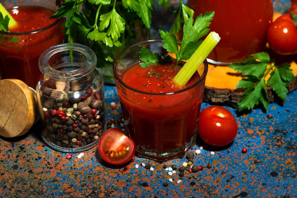 healthy tomato juice with salt and celery, top view horizontal - Zdjęcie, obraz
