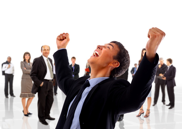 One very happy energetic businessman with his arms raised - Photo, Image
