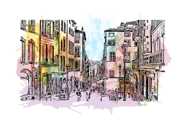 Print Building view with landmark of Clermont Ferrand is a university city in central France. watercolour splash with hand drawn sketch illustration in vector. - Vector, Image