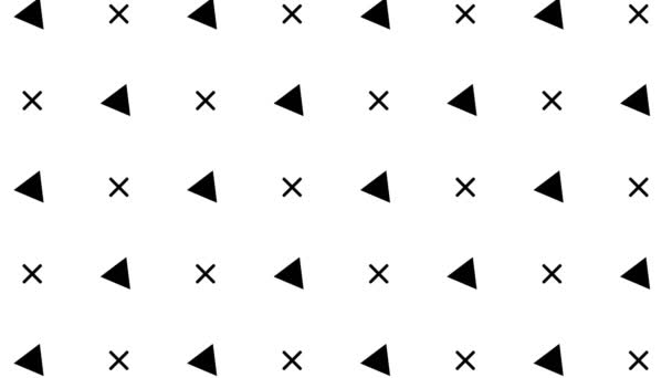 Diseño abstracto retro Fondo de patrón negro con triángulos coloridos, círculos, líneas y zigzags. Estilo Memphis con formas geométricas. Bucle. - Metraje, vídeo