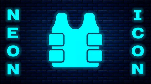 Gloeiende neon Kogelvrij vest voor bescherming tegen kogels pictogram geïsoleerd op baksteen muur achtergrond. Lichaamspantser. Militaire kleding. Vector. - Vector, afbeelding