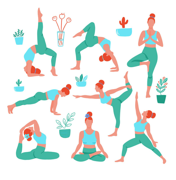 8 women in the yoga poses on colors sport closes on white background. Trend contemporary poster. Isolated characters. - Vector, afbeelding