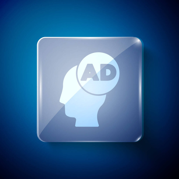Λευκό εικονίδιο διαφήμισης απομονωμένο σε μπλε φόντο. Έννοια της διαδικασίας μάρκετινγκ και προώθησης. Αντιδραστικές διαφημίσεις. Διαφήμιση στα μέσα κοινωνικής δικτύωσης. Τετράγωνα γυάλινα πάνελ. Διάνυσμα. - Διάνυσμα, εικόνα