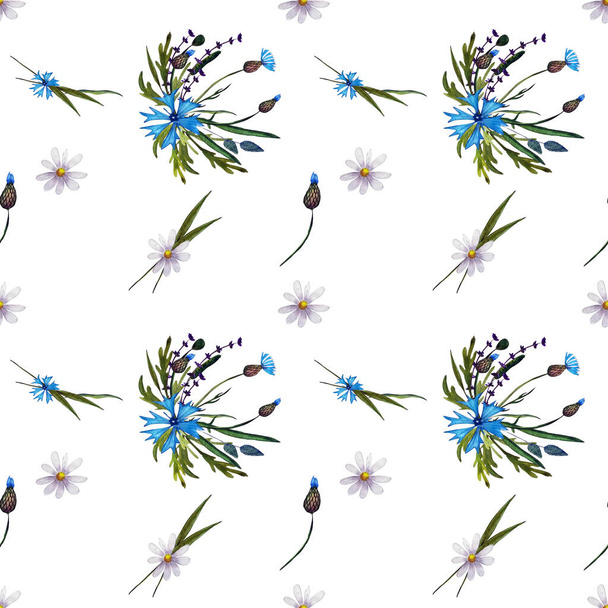 Floral seamless pattern with blue field flowers. Botanical wallpaper. Floral cornflower. Boho style Surface design for interior decoration, textile printing, printed issues, invitation cards - Photo, Image