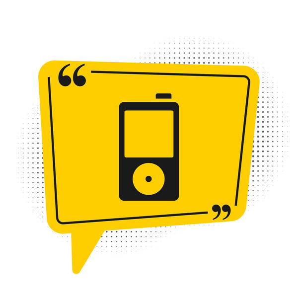 Icona del lettore musicale nero isolato su sfondo bianco. Dispositivo musicale portatile. Simbolo giallo della bolla vocale. Vettore. - Vettoriali, immagini