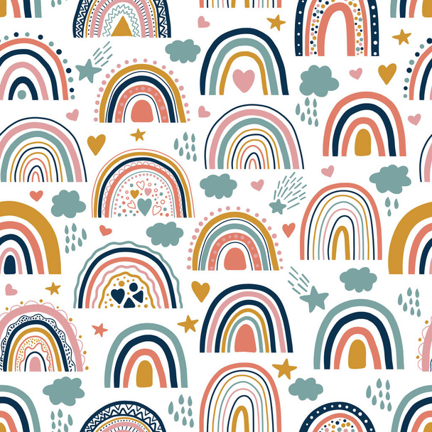 Nice baby neutral bohemian rainbows seamless pattern. Trend rainbows surface. Boho rainbows for baby shower invitations, cards, nursery room, posters, fabric. Vector patel bohemian rainbows on white. - Vektör, Görsel