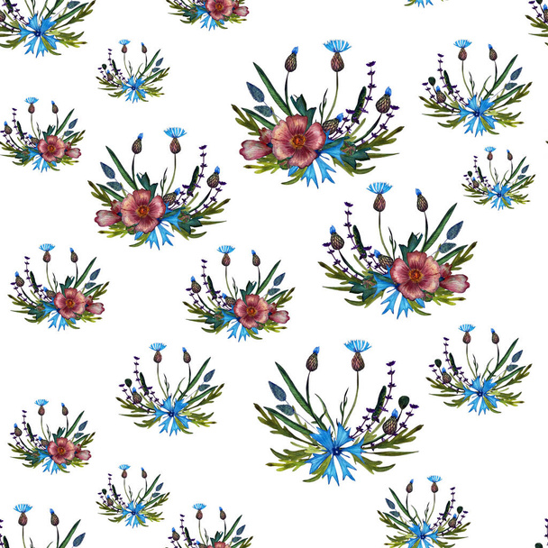 青い野の花と花のシームレスなパターン。植物壁紙。花冠。ボホスタイルインテリア装飾、テキスタイル印刷、印刷問題、招待カードのための表面デザイン - 写真・画像