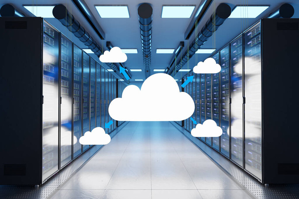 логотип облачного хранилища в большом современном дата-центре, несколько рядов сетевых интернет-серверов, 3D иллюстрация - Фото, изображение