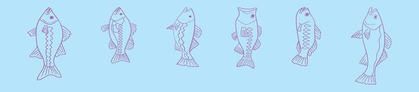 conjunto de peces bajos icono de dibujos animados plantilla de diseño con varios modelos. ilustración vectorial moderna aislada sobre fondo azul - Vector, Imagen