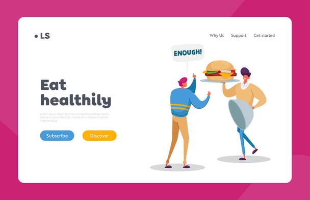 Stop Addiction Start Healthy Lifestyle Landing Page Template. Character Give Up Unhealthy Eating. Man Refuse Fastfood - Vector, Image