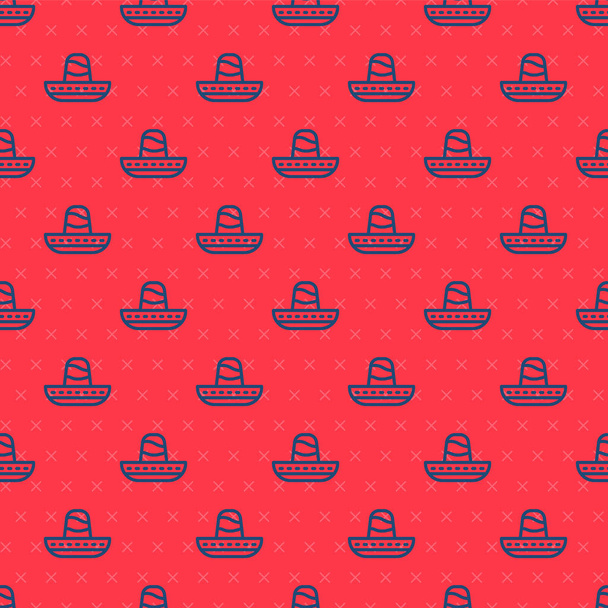 Blaue Linie Traditionelle mexikanische Sombrero-Hut Symbol isoliert nahtlose Muster auf rotem Hintergrund. Vektor. - Vektor, Bild