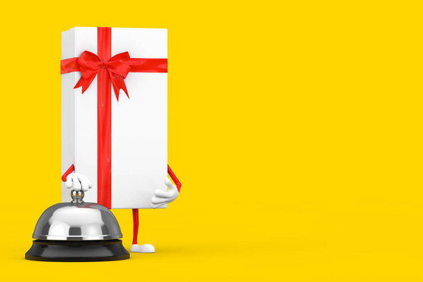 White Gift Box i Red Ribbon Character Mascot z Hotel Service Bell Zadzwoń na żółtym tle. 3d Renderowanie - Zdjęcie, obraz