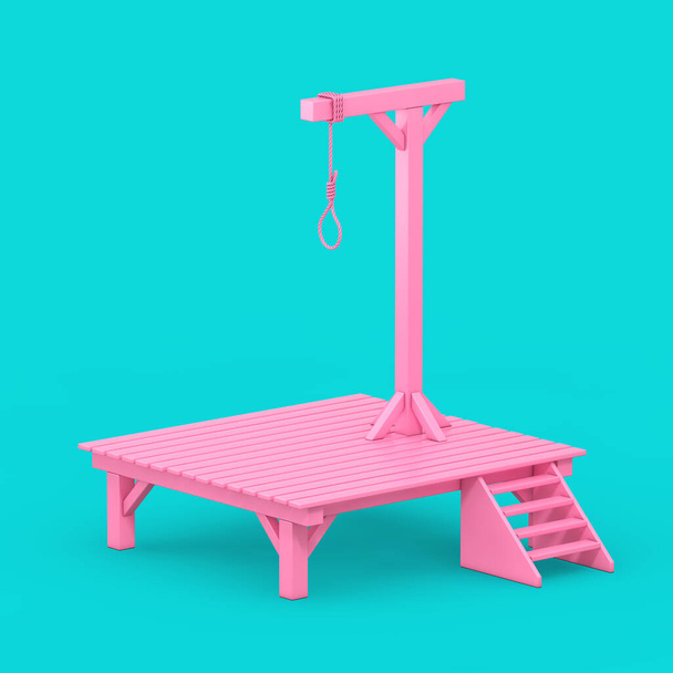 Pink Gallows with Hanging Noose Rope Bied Knot in Duotone Style op een blauwe achtergrond. 3d Rendering - Foto, afbeelding