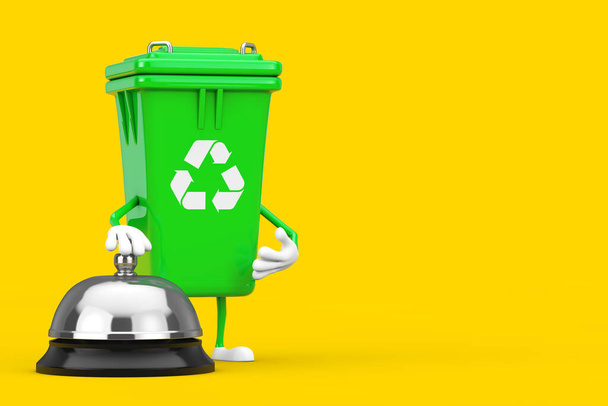 Recycle Sign Green Garbage Bin Character Mascot mit Hotel Service Bell Call auf gelbem Hintergrund. 3D-Darstellung - Foto, Bild