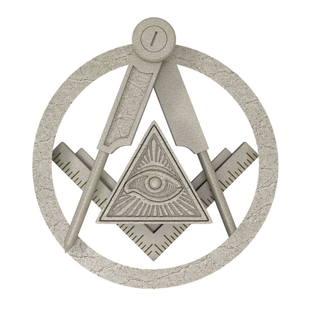 Masonic Freemasonry Stone Square and Compass with All Seeing Eye inside Pyramid Triangle Emblem Icon Logo Symbol on a white background. 3d Rendering - Photo, Image