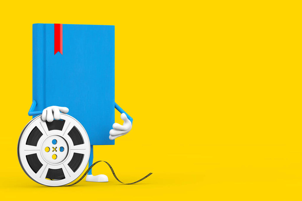 Carácter del libro azul Mascota con cinta de cine de carrete de película sobre un fondo amarillo. Renderizado 3d - Foto, Imagen