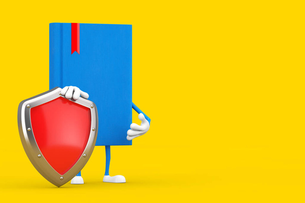 Талисман персонажа Синей книги с красным металлическим щитом на желтом фоне. 3D-рендеринг - Фото, изображение