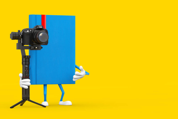 Mascotte Blue Book Character con DSLR o videocamera Gimbal Stabilization Tripod System su sfondo giallo. 3d Rendering - Foto, immagini