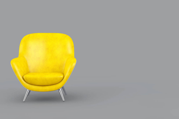 Anno 2021 Colori di tendenza. Sedia relax dalla forma ovale moderna in pelle gialla illuminante su sfondo grigio. 3d Rendering - Foto, immagini
