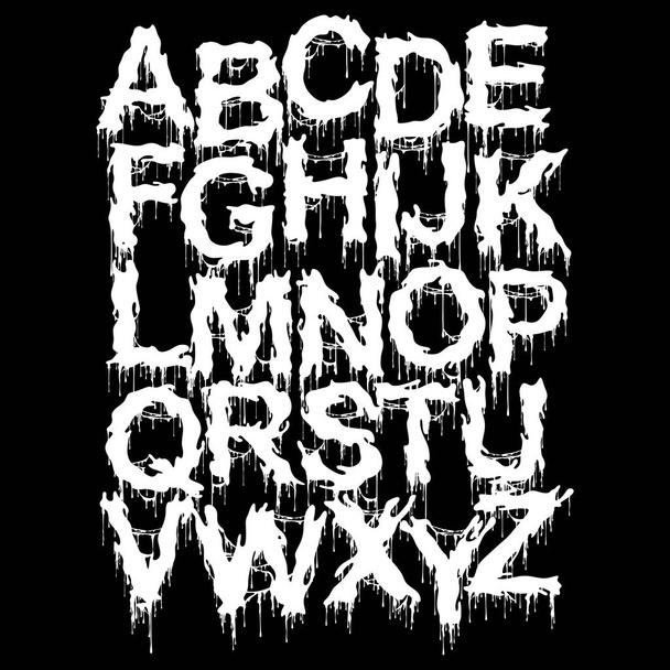 Metal music style font.Drippy alphabet on black background. - Вектор,изображение