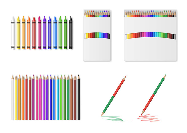 Ensemble de crayons colorés et de crayons isolés sur fond blanc. Crayons de couleur réalistes - Vecteur, image