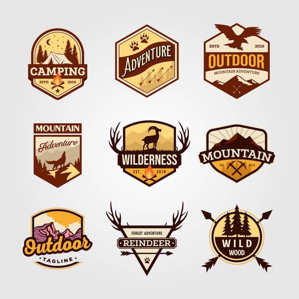 Set of vector outdoor adventure vintage logo emblem illustration designs - Vektör, Görsel