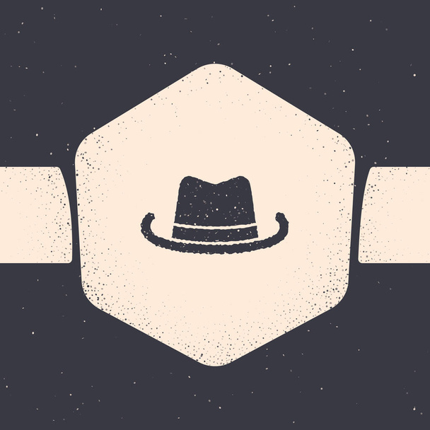 Ícone de chapéu de cowboy ocidental grunge isolado em fundo cinza. Desenho vintage monocromático. Vetor. - Vetor, Imagem