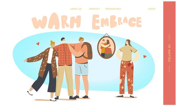 Embrace, Hugs with Friends Landing Page Template. Friendly Characters Hugging Each Other. International Friendship Day - Vector, Image