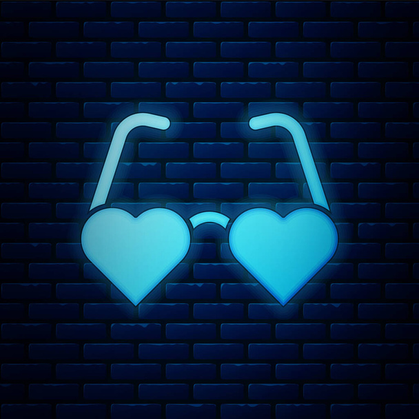 Świecący neon Okulary miłosne w kształcie serca ikona izolowane na tle cegły ściany. Nadaje się do projektowania kartki Walentynki. Wektor. - Wektor, obraz
