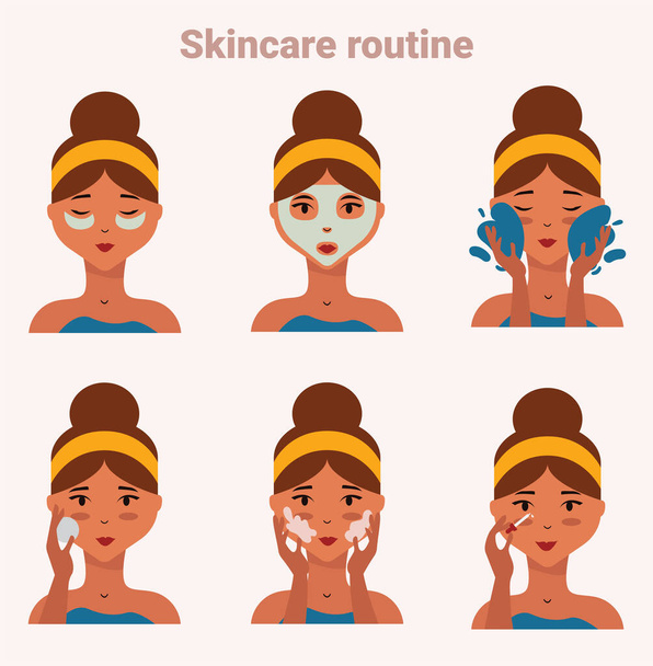 Woman taking care of her face. Skincare steps. Daily skincare routine. Face skin care Step by step set. Minimalistic vector illustration. Different facial procedures. Face care concept. - Vector, Image