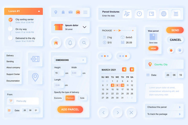 User interface elements for delivery mobile app. Unique neumorphic design UI, UX, GUI, KIT elements template. Neumorphism style. Different form, components, button, menu, logistic vector icons. - Vector, Image