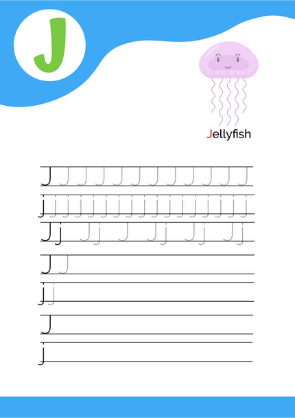 J betű medúzás képpel és hét sornyi J betűs írásgyakorlattal. Kézírás gyakorlat és ábécé tanulás. Vektorillusztráció. - Vektor, kép