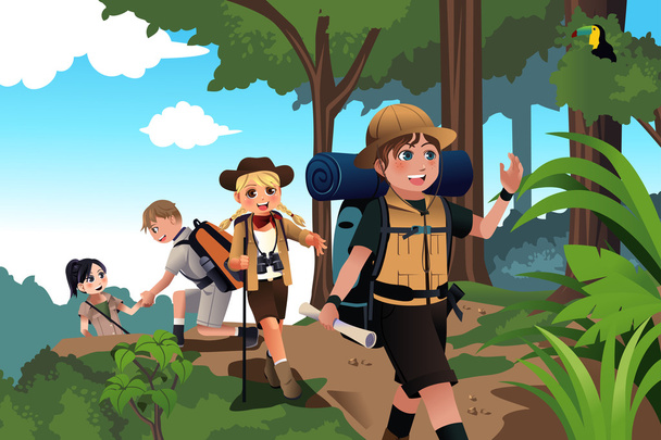 Crianças em uma viagem de aventura
 - Vetor, Imagem