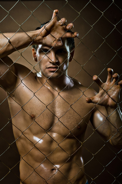 Felon man on netting steel fence - Foto, Bild
