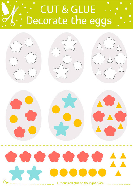Vector Pasen knippen en lijm activiteit. Vakantie educatieve crafting spel met schattige gekleurde eieren. Leuke voorjaarsactiviteit voor kinderen. Versier het ei - Vector, afbeelding