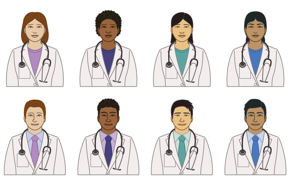 Vielfalt, Rasse, ethnische Zugehörigkeit von Arzt-Vektor-Ikonen, männlich und weiblich, mit Stethoskop, isoliert auf weißem Hintergrund  - Vektor, Bild