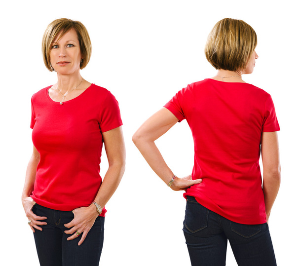 Woman in her forties wearing blank red shirt - Zdjęcie, obraz