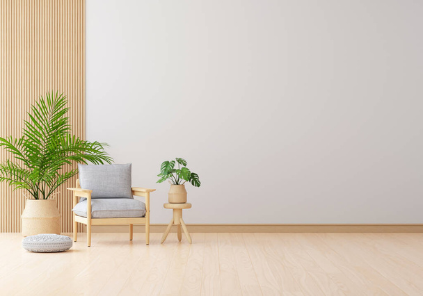 Grijze fauteuil in witte woonkamer met lege ruimte voor mockup, 3D rendering - Foto, afbeelding