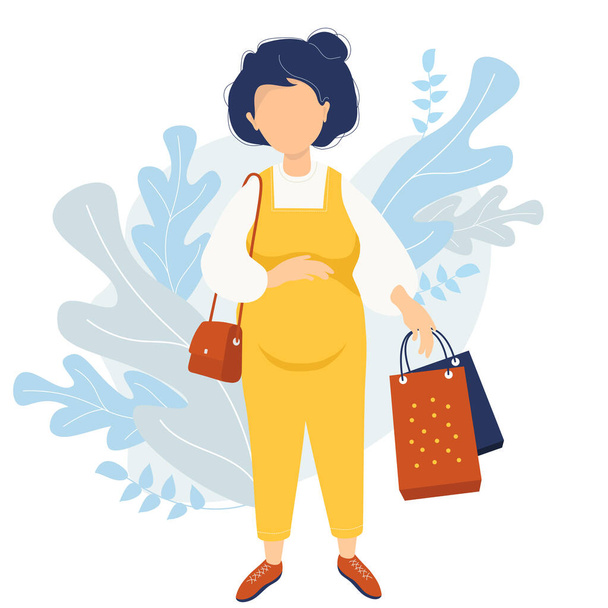 Mateřství a nakupování. Šťastná těhotná žena ve žluté kombinéze si něžně jednou rukou objímá břicho a druhou drží tašky z obchodu. Malá taška visí na rameni. Vektorová ilustrace - Vektor, obrázek