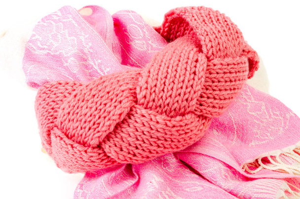 Beautiful pink headband, knitted from threads. Photo - Photo, Image