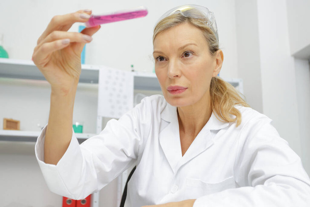 mature minded woman looking at a test tube - Foto, Bild
